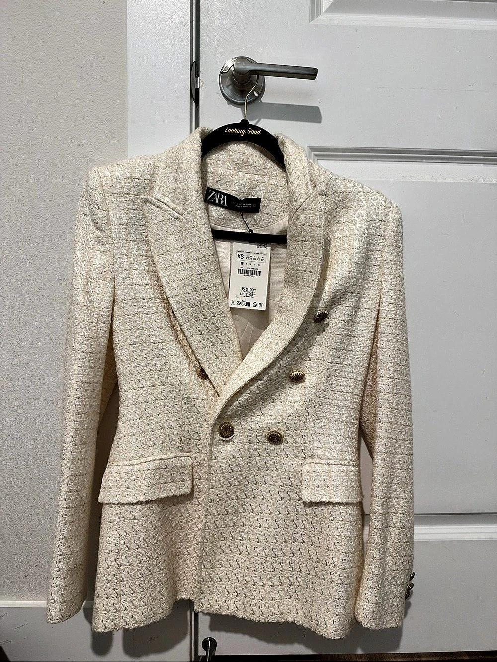 ZARA Textured Double-Brested Blazer Cream Size Small NWT